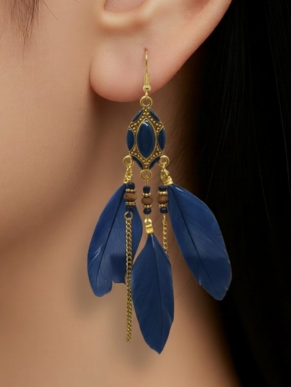 Blue Boho Feather Tassel Beaded Dangle Earrings Tribal Native Gold